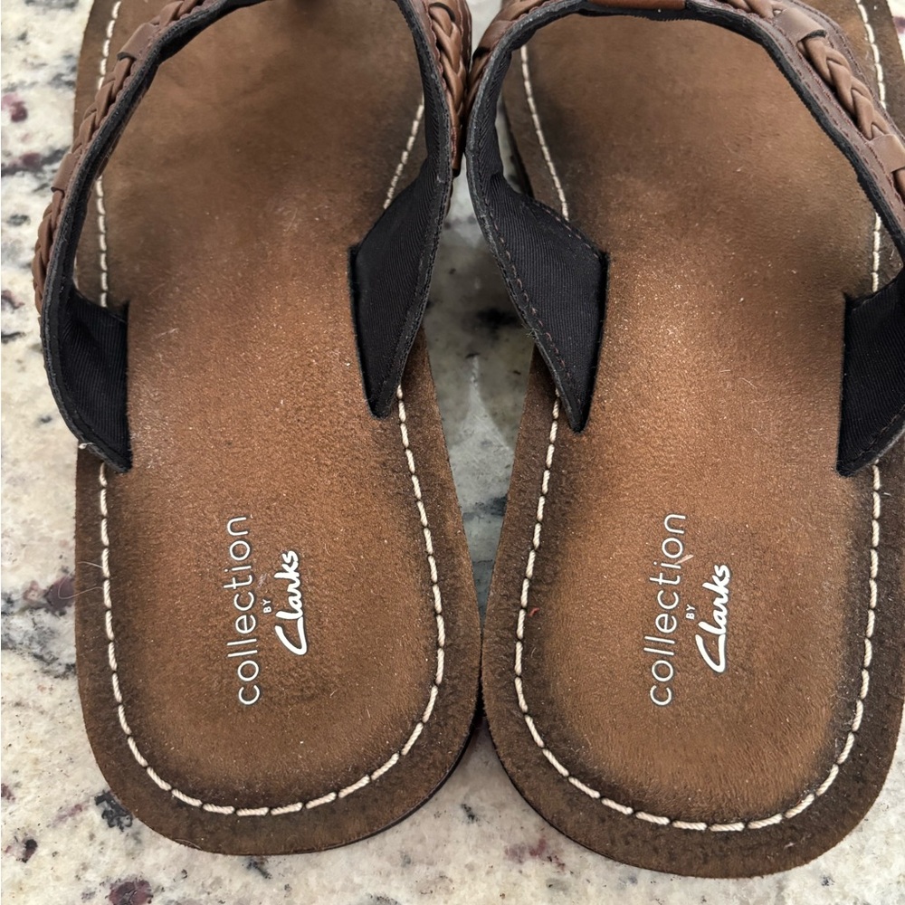 Clarks Brown Braided Leather Thong Sandals - Picture 3 of 5